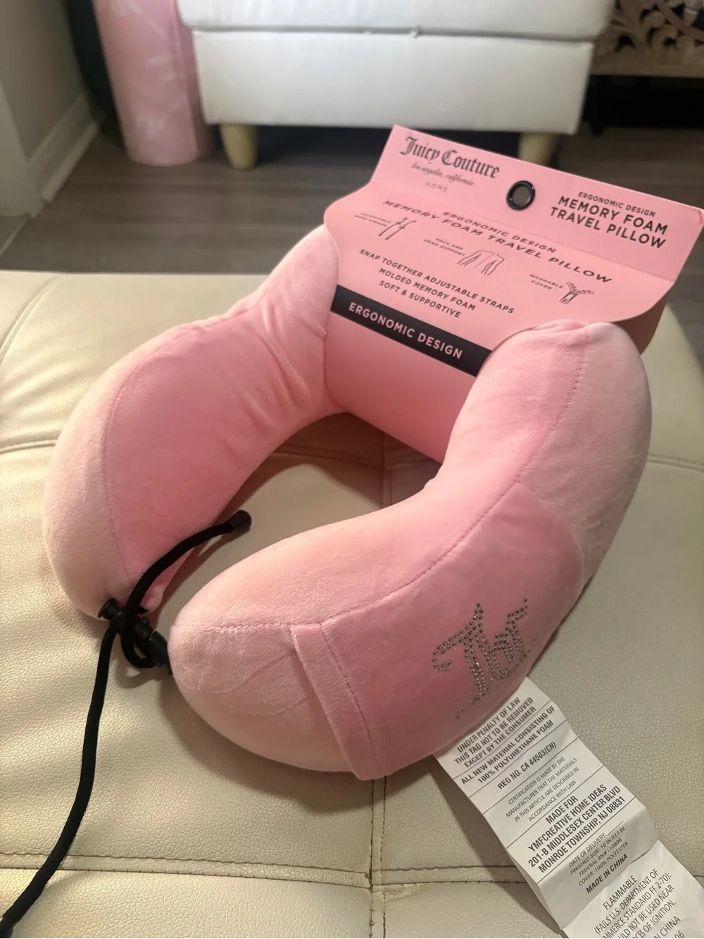 Juicy Couture Pink Ergonomic Memory Foam Travel Pillow